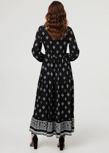 Izabel London Black Printed Long Sleeve Smocked Maxi Dress