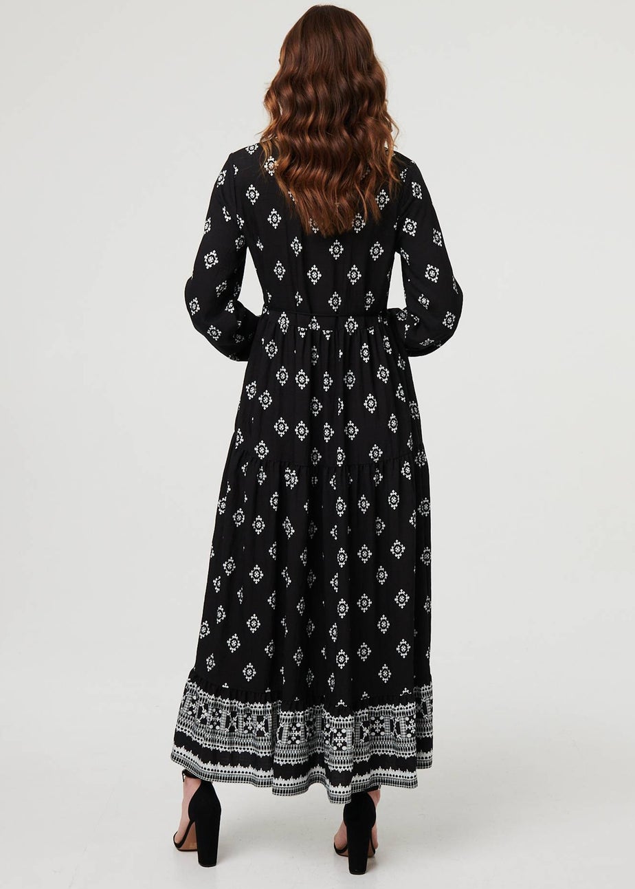Izabel London Black Printed Long Sleeve Smocked Maxi Dress