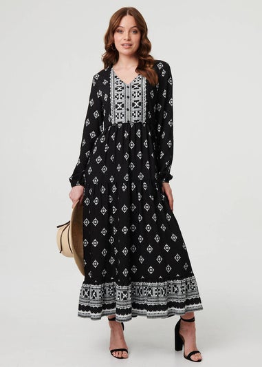 Izabel London Black Printed Long Sleeve Smocked Maxi Dress