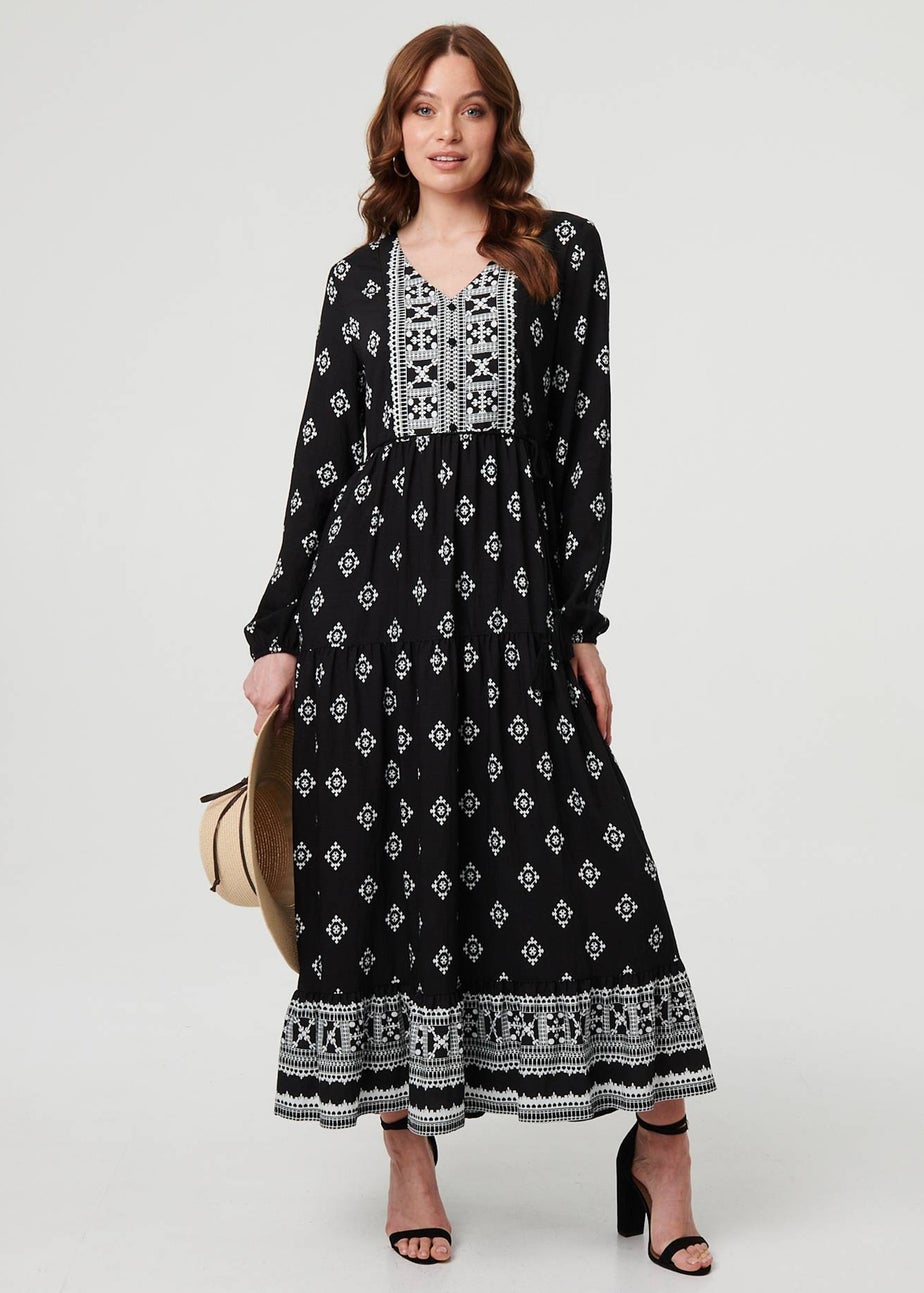 Izabel London Black Printed Long Sleeve Smocked Maxi Dress