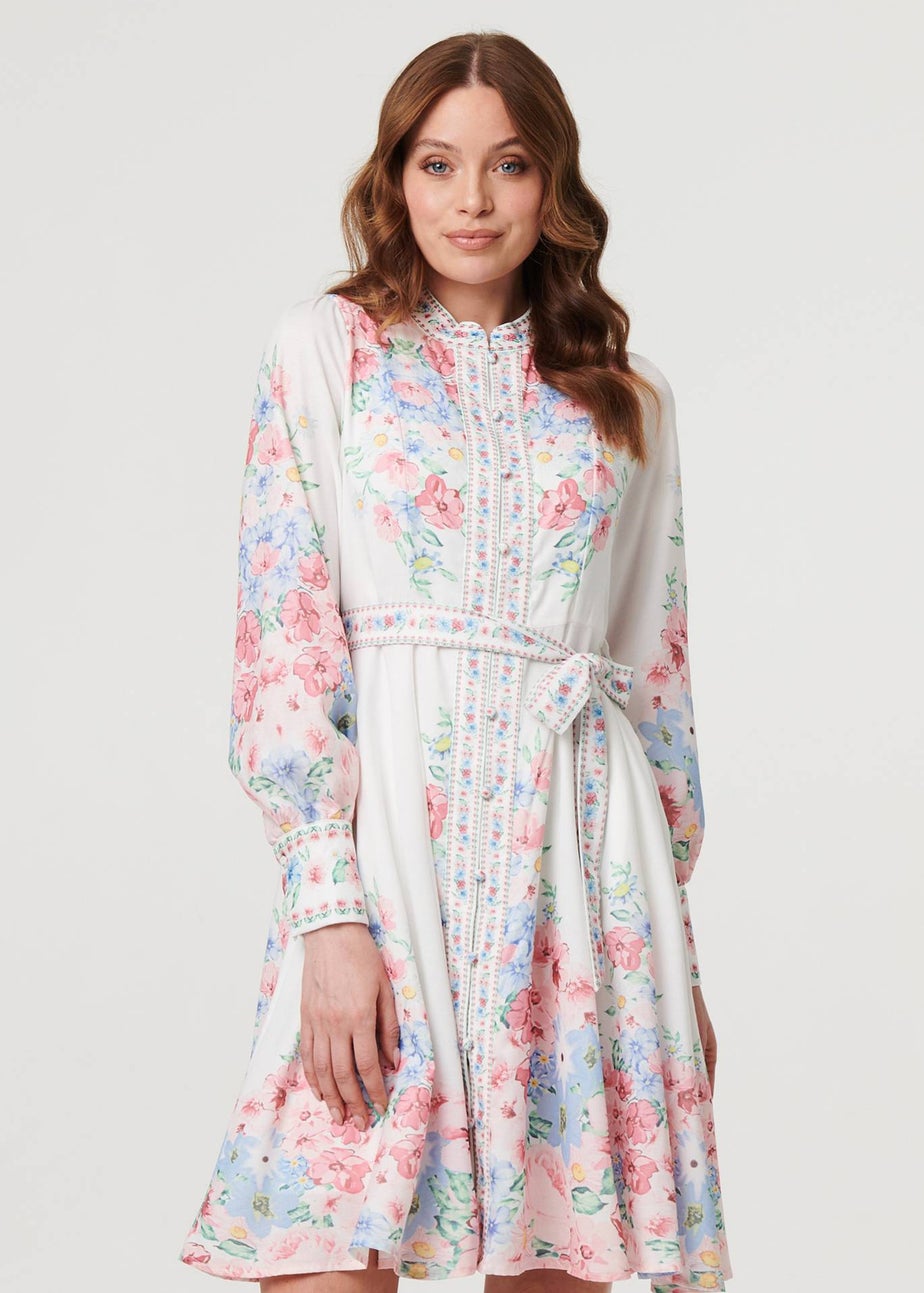 Izabel London White Floral Border Print Short Skater Dress