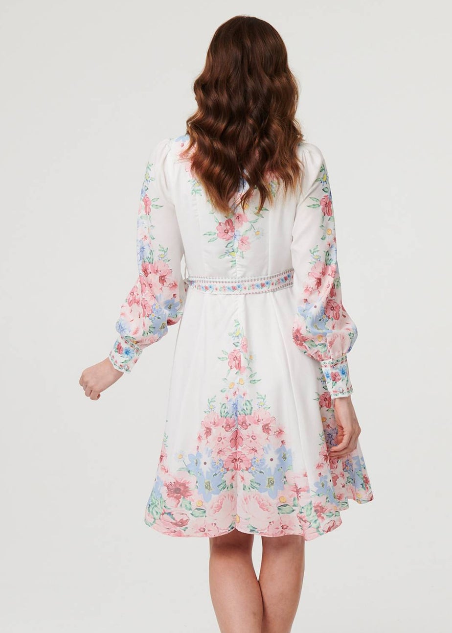 Izabel London White Floral Border Print Short Skater Dress