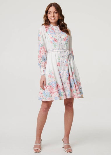 Izabel London White Floral Border Print Short Skater Dress