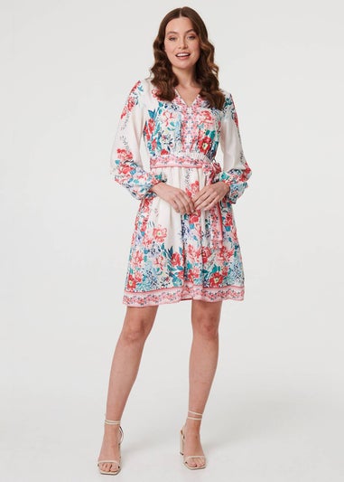 Izabel London Red Floral Tie Waist Long Sleeve Short Dress