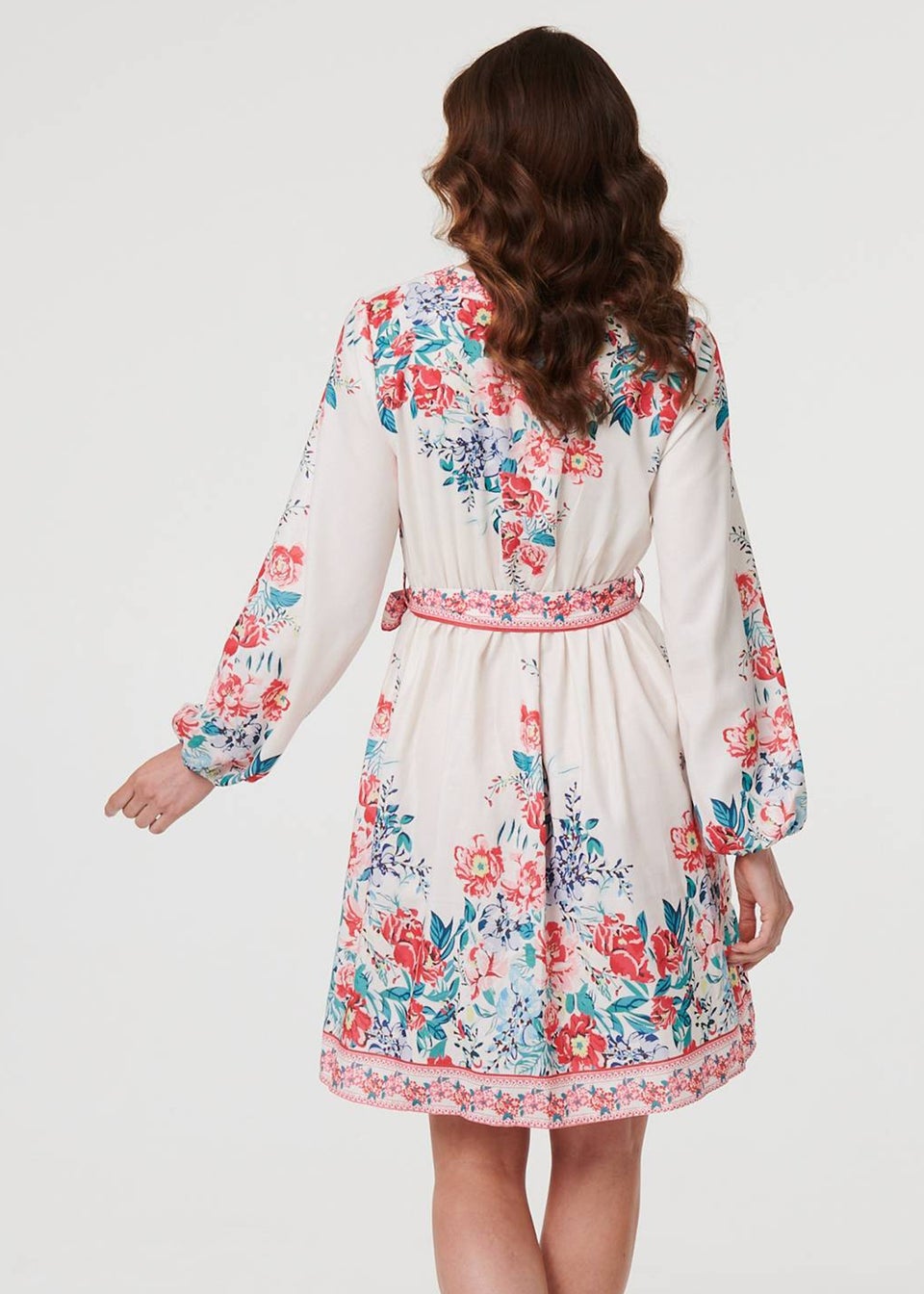 Izabel London Red Floral Tie Waist Long Sleeve Short Dress