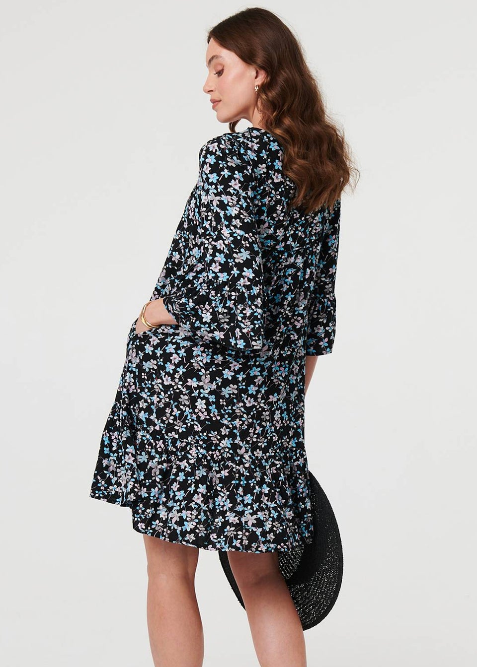 Izabel London Black Ditsy Floral Flare Sleeve Short Dress