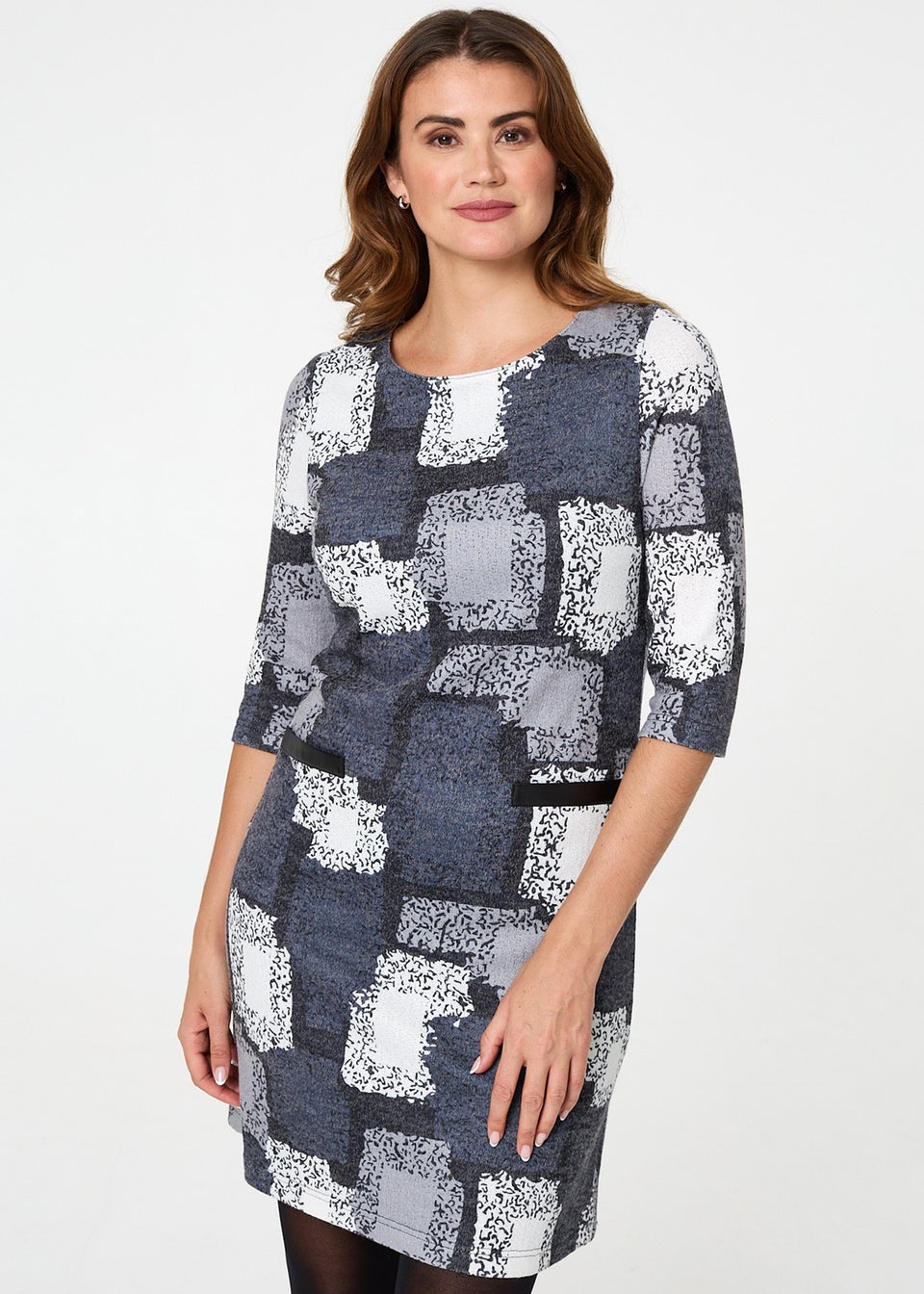 Izabel London Grey Printed 3/4 Sleeve Short Shift Dress