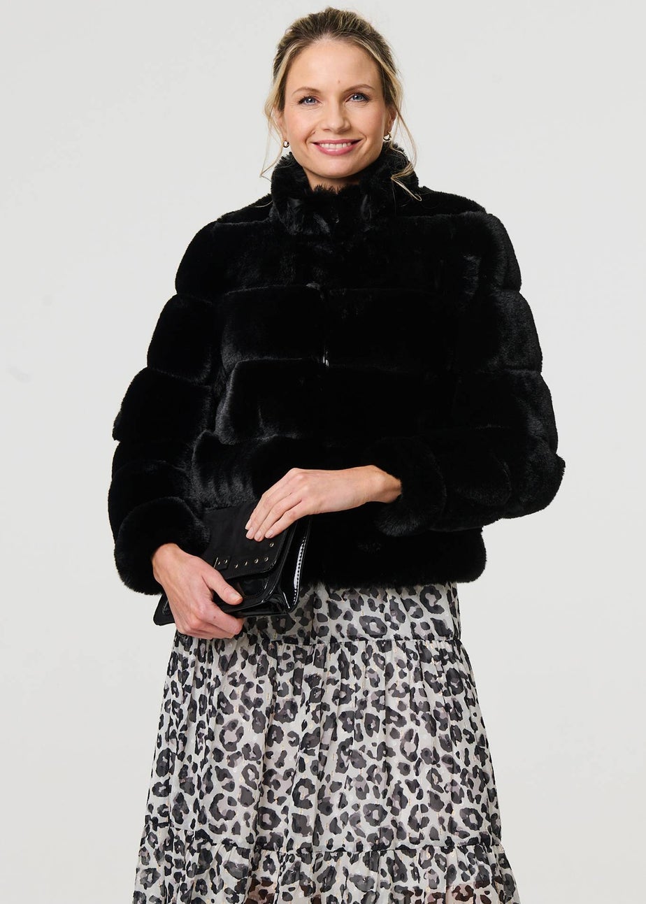 Izabel London Black Faux Fur High Neck Cropped Jacket