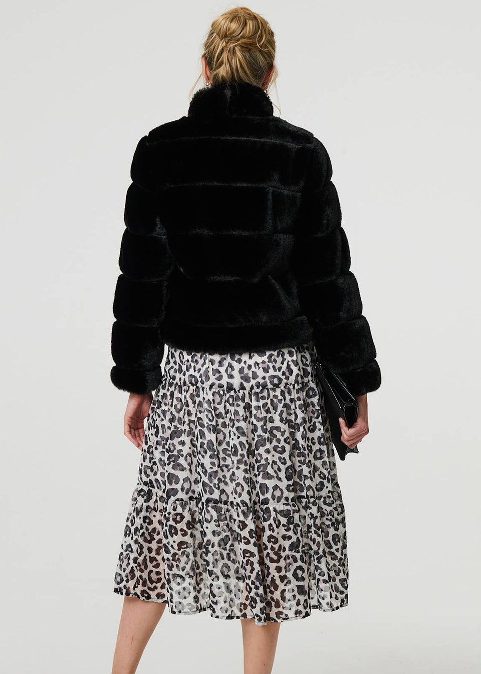 Izabel London Black Faux Fur High Neck Cropped Jacket