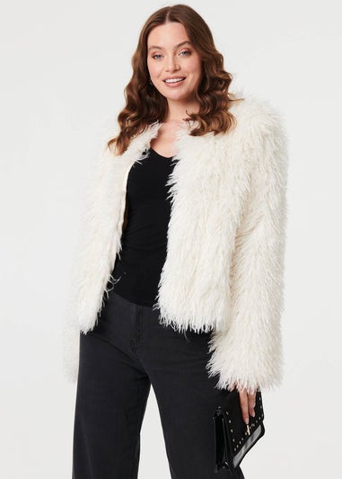 Izabel London Ivory Faux Fur Textured Cropped Jacket