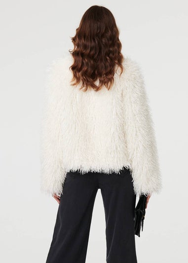 Izabel London Ivory Faux Fur Textured Cropped Jacket