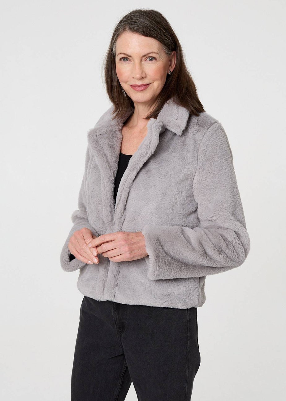Izabel London Silver Faux Fur Long Sleeve Cropped Jacket