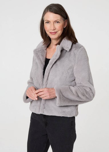 Izabel London Silver Faux Fur Long Sleeve Cropped Jacket