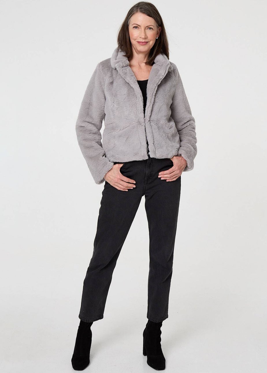 Izabel London Silver Faux Fur Long Sleeve Cropped Jacket