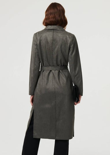 Izabel London Olive Suedette Tie Waist Longline Trench Coat