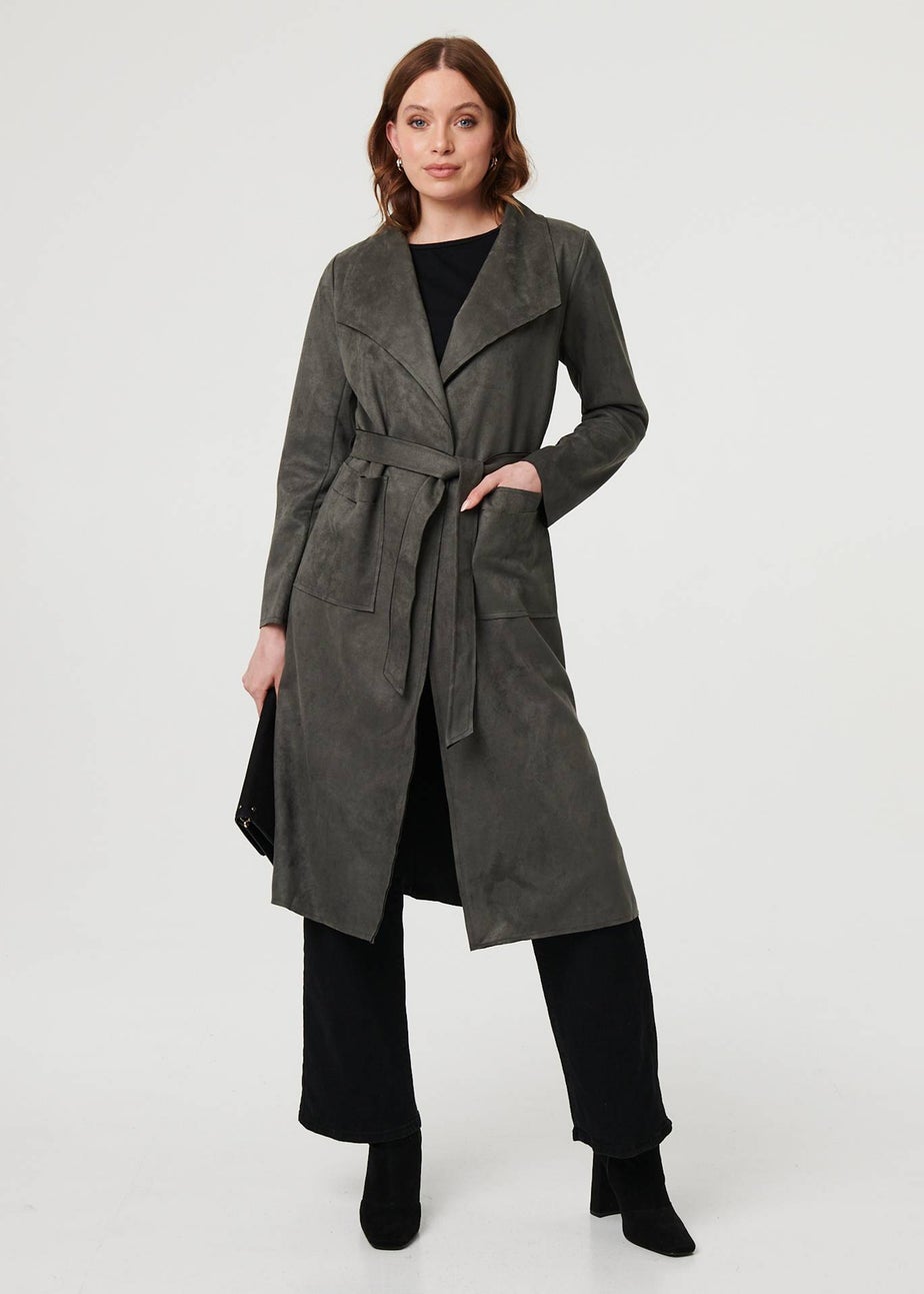 Izabel London Olive Suedette Tie Waist Longline Trench Coat