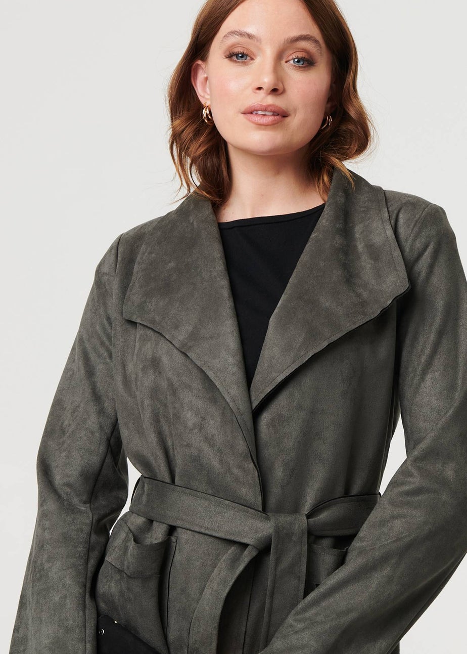 Izabel London Olive Suedette Tie Waist Longline Trench Coat