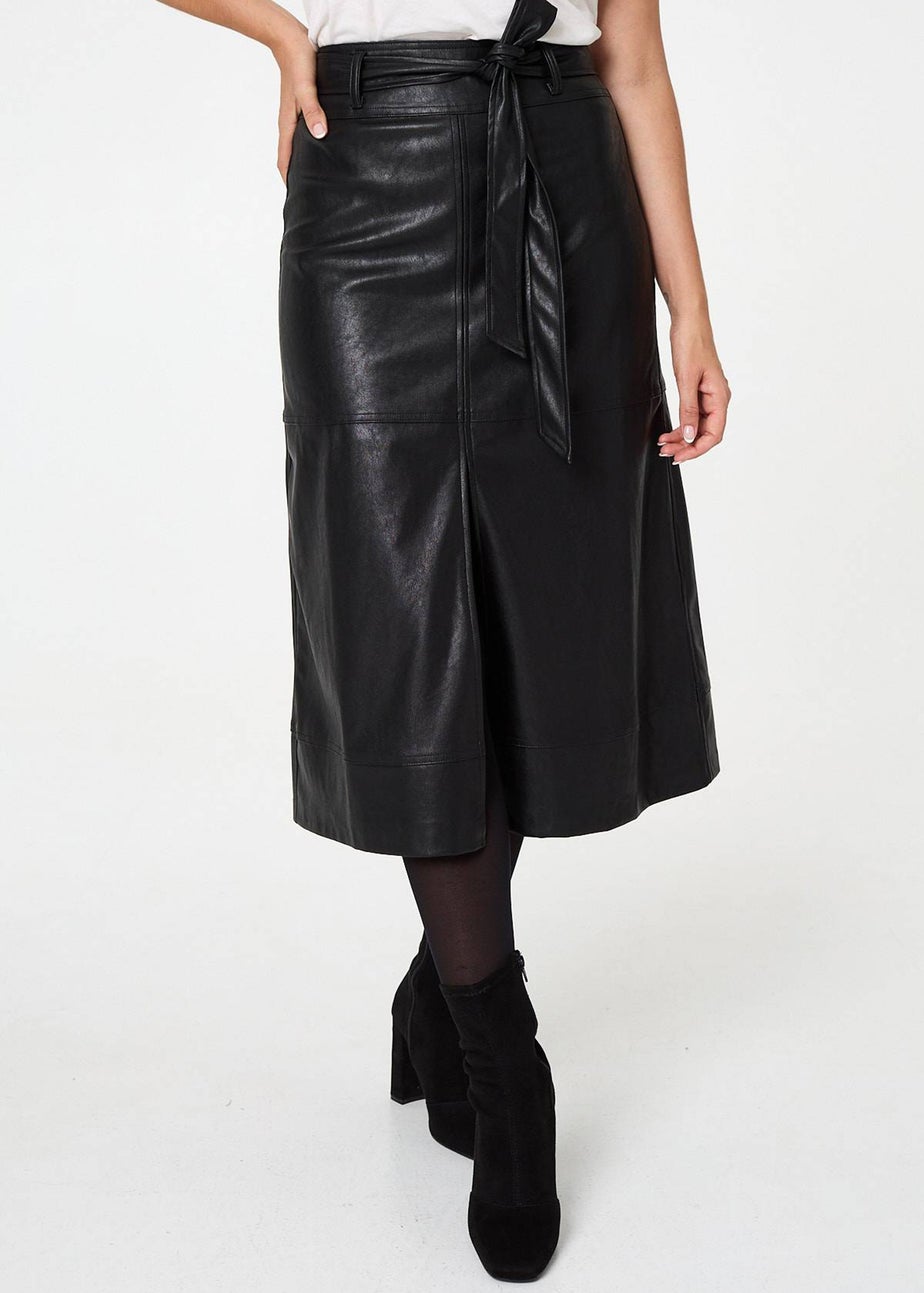 Izabel London Black Faux Leather Tie Waist A-Line Midi Skirt