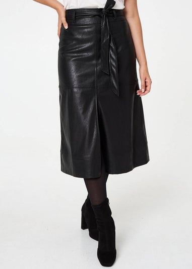 Izabel London Black Faux Leather Tie Waist A-Line Midi Skirt