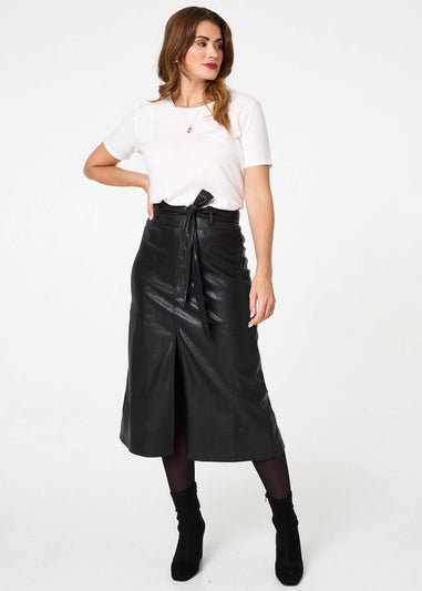 Izabel London Black Faux Leather Tie Waist A-Line Midi Skirt