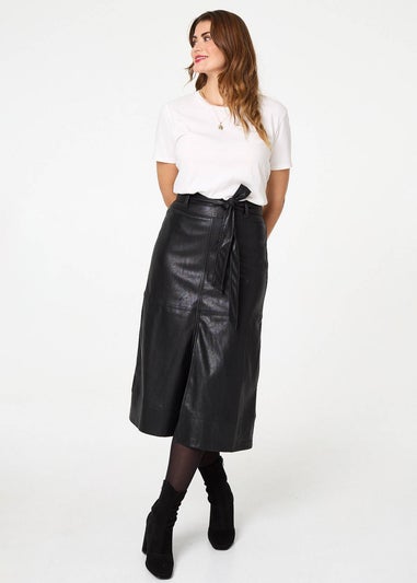 Izabel London Black Faux Leather Tie Waist A-Line Midi Skirt