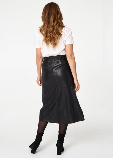 Izabel London Black Faux Leather Tie Waist A-Line Midi Skirt