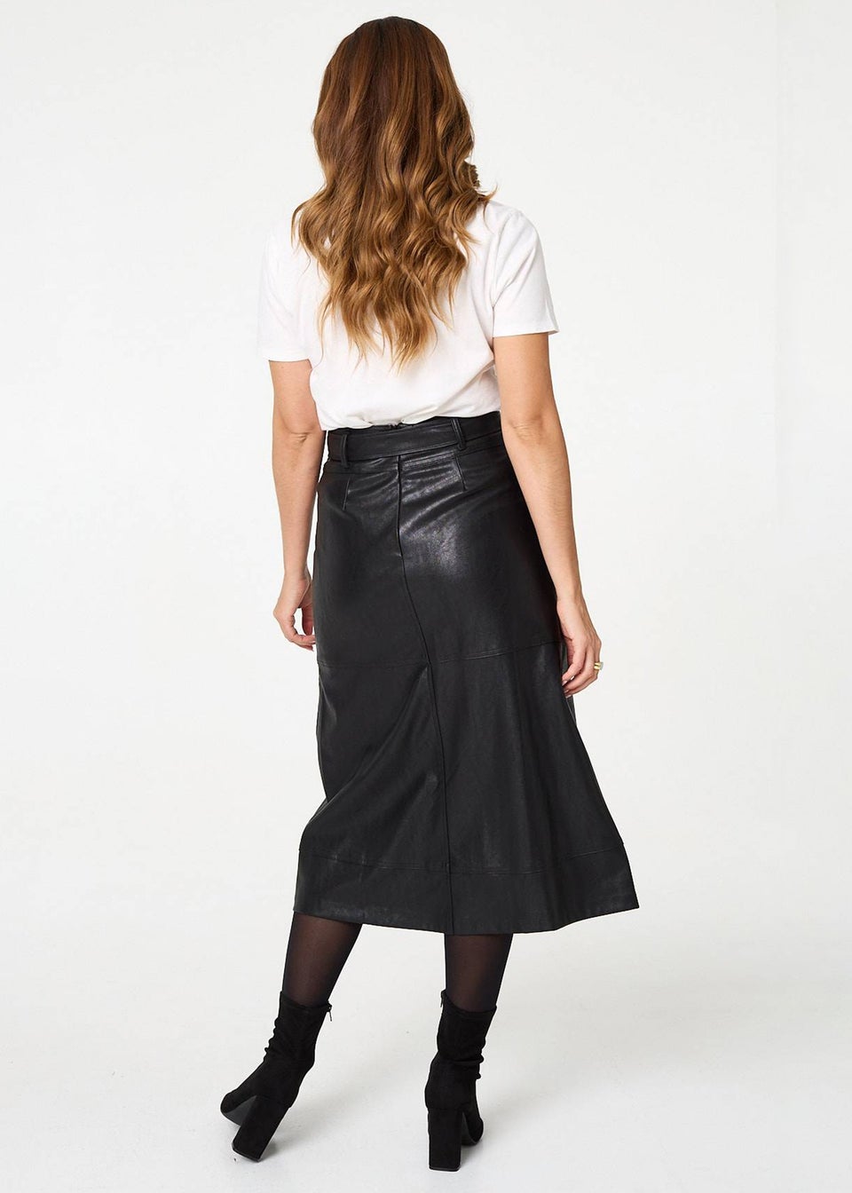 Izabel London Black Faux Leather Tie Waist A-Line Midi Skirt
