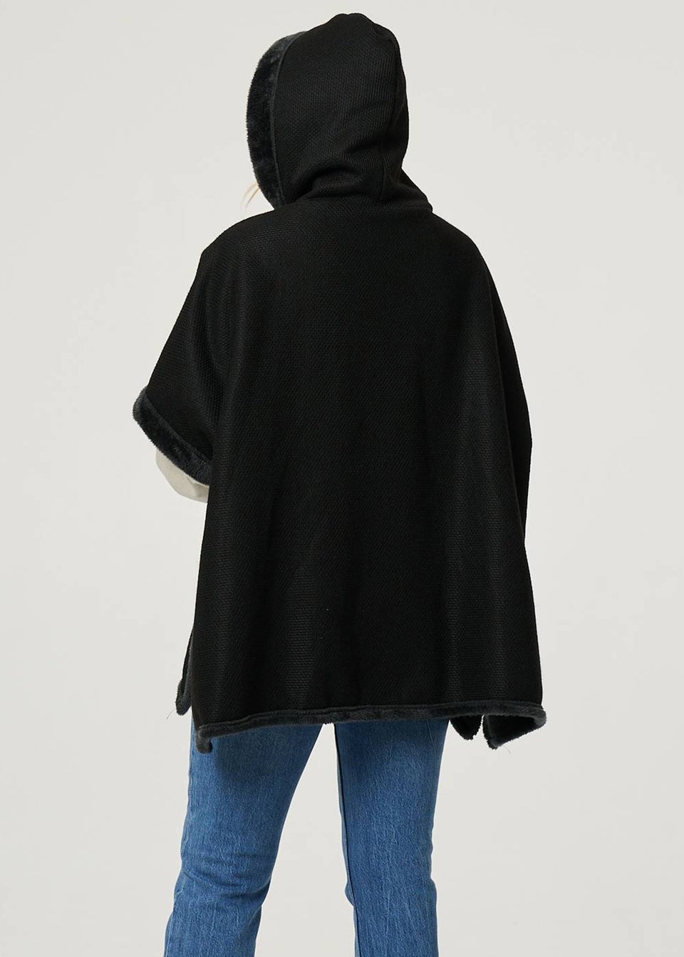 Izabel London Black Faux Fur Lined Hooded 1/2 Sleeve Poncho