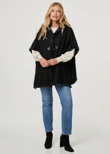 Izabel London Black Faux Fur Lined Hooded 1/2 Sleeve Poncho