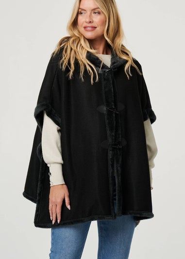 Izabel London Black Faux Fur Lined Hooded 1/2 Sleeve Poncho