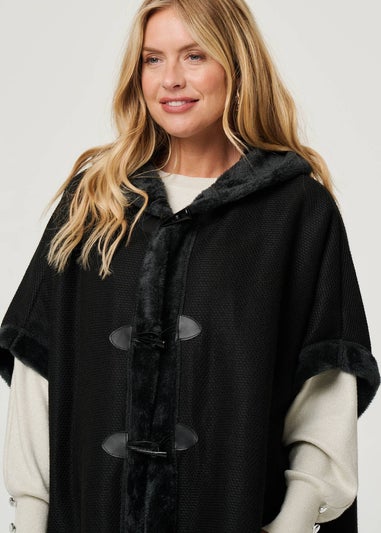 Izabel London Black Faux Fur Lined Hooded 1/2 Sleeve Poncho