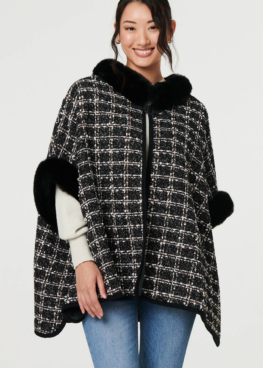 Izabel London Black Checked Faux Fur Trim 3/4 Sleeve Poncho