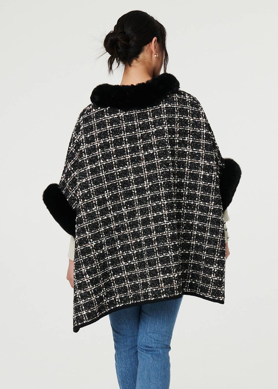 Izabel London Black Checked Faux Fur Trim 3/4 Sleeve Poncho