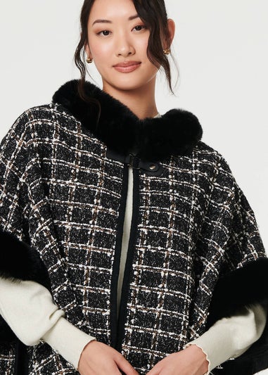 Izabel London Black Checked Faux Fur Trim 3/4 Sleeve Poncho