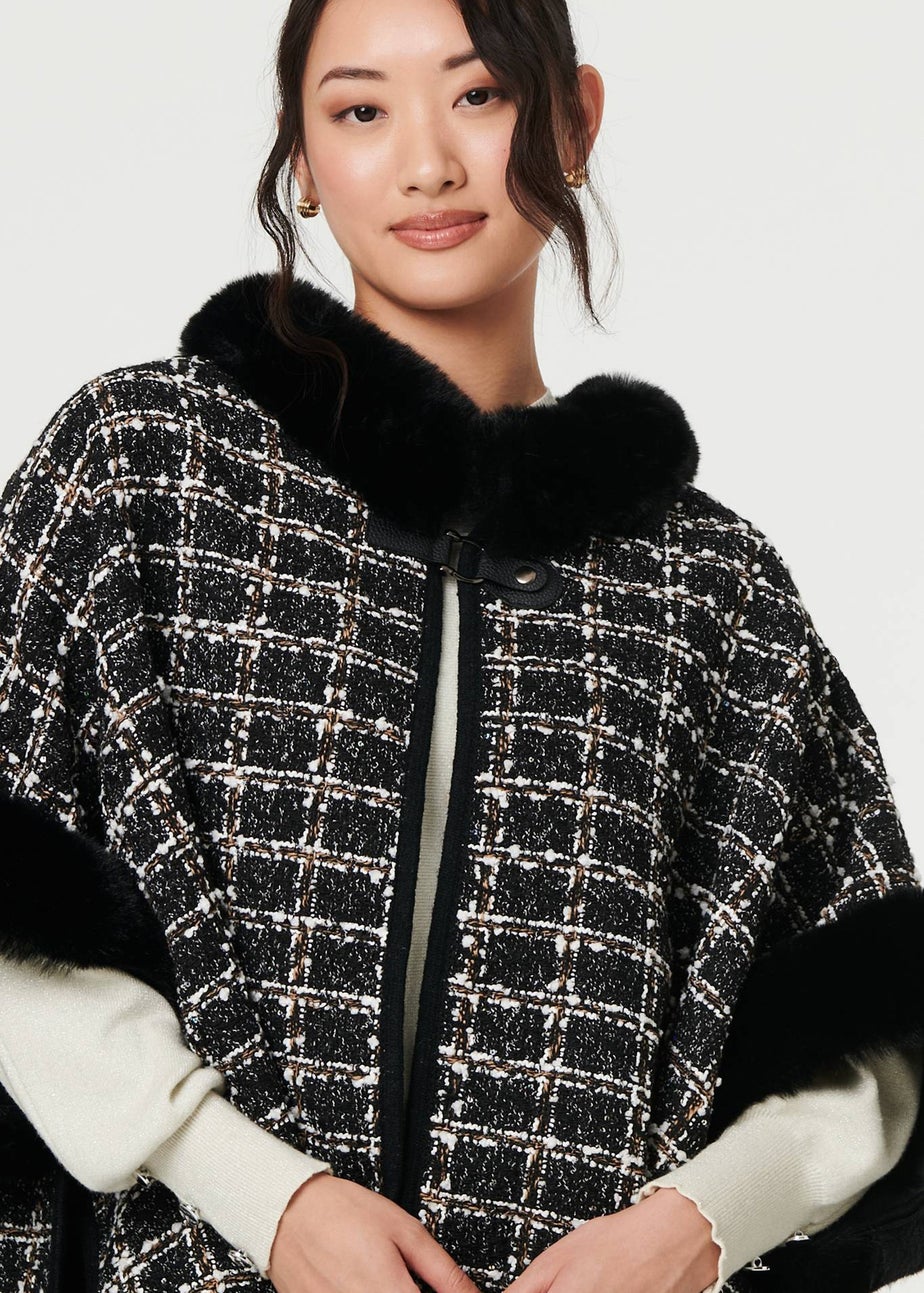 Izabel London Black Checked Faux Fur Trim 3/4 Sleeve Poncho