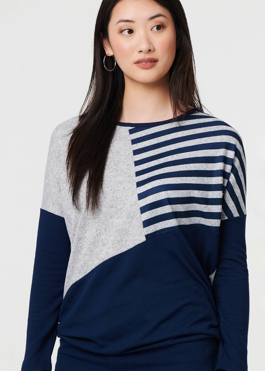 Izabel London Navy Geo Print Long Sleeve Drop Shoulder Top