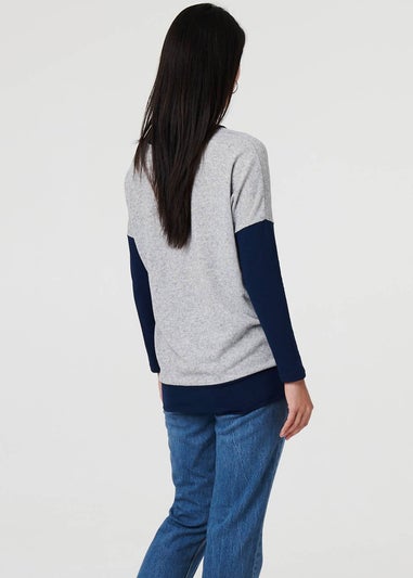 Izabel London Navy Geo Print Long Sleeve Drop Shoulder Top