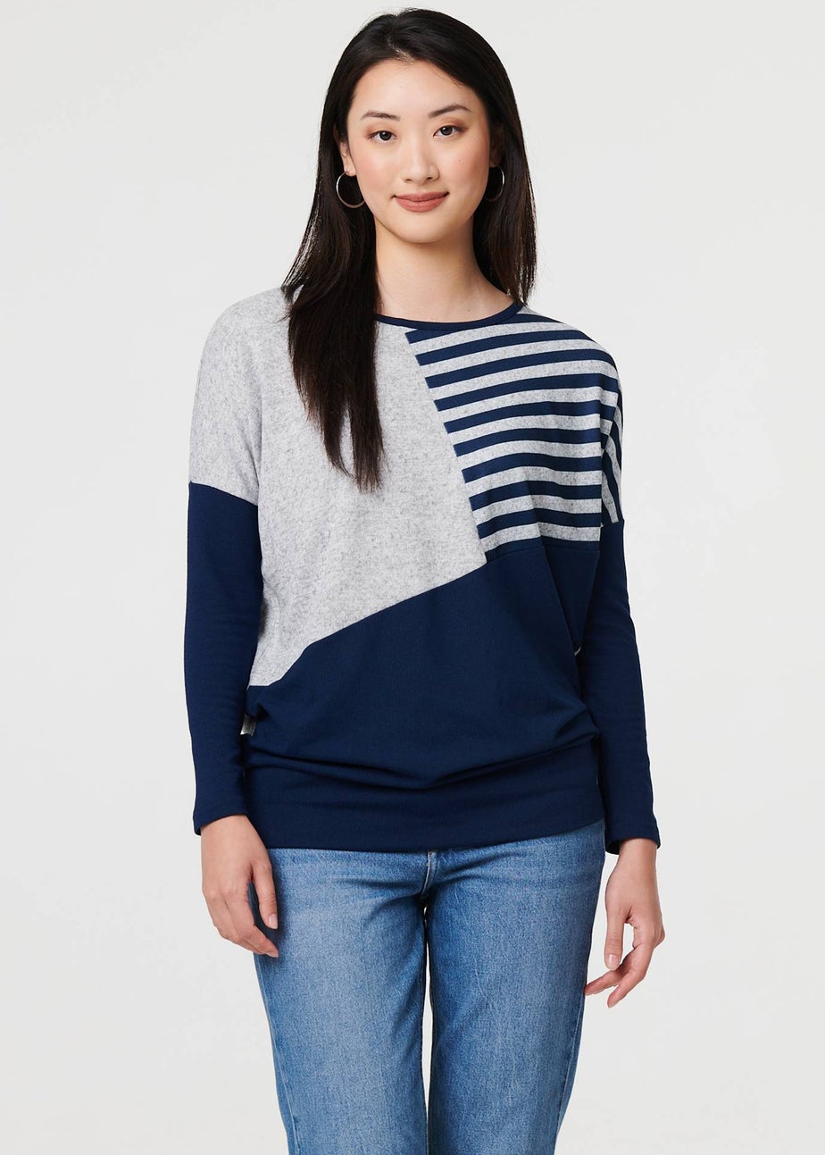 Izabel London Navy Geo Print Long Sleeve Drop Shoulder Top