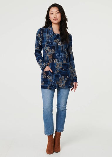 Izabel London Blue Printed Cowl Neck Long Sleeve Tunic Top