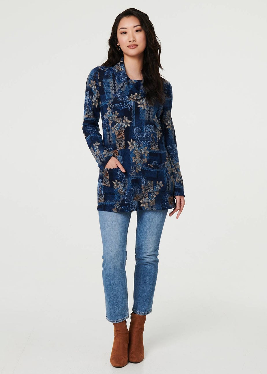 Izabel London Blue Printed Cowl Neck Long Sleeve Tunic Top