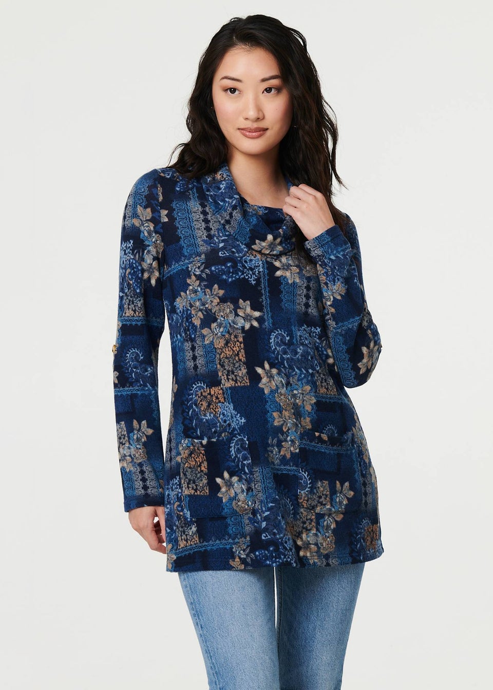 Izabel London Blue Printed Cowl Neck Long Sleeve Tunic Top