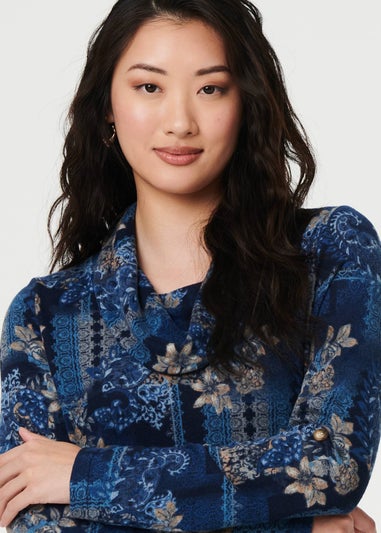 Izabel London Blue Printed Cowl Neck Long Sleeve Tunic Top