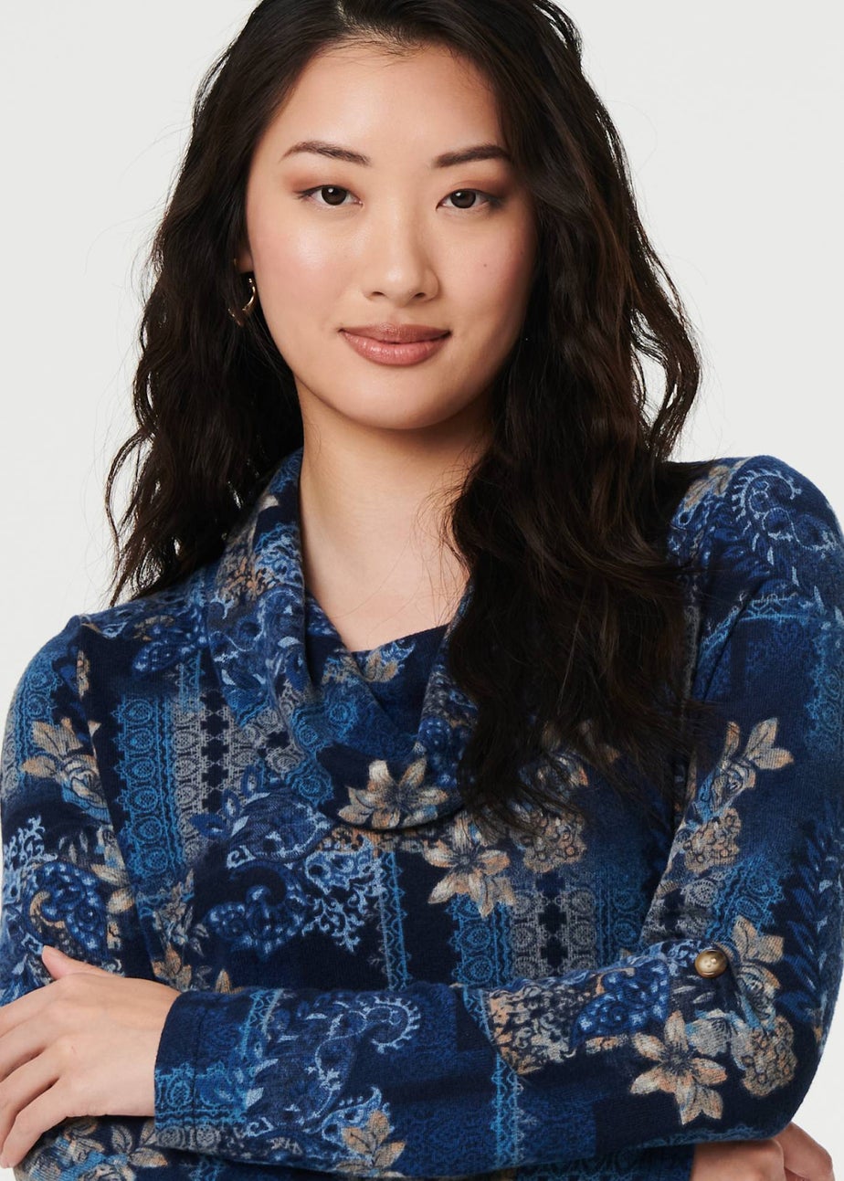Izabel London Blue Printed Cowl Neck Long Sleeve Tunic Top