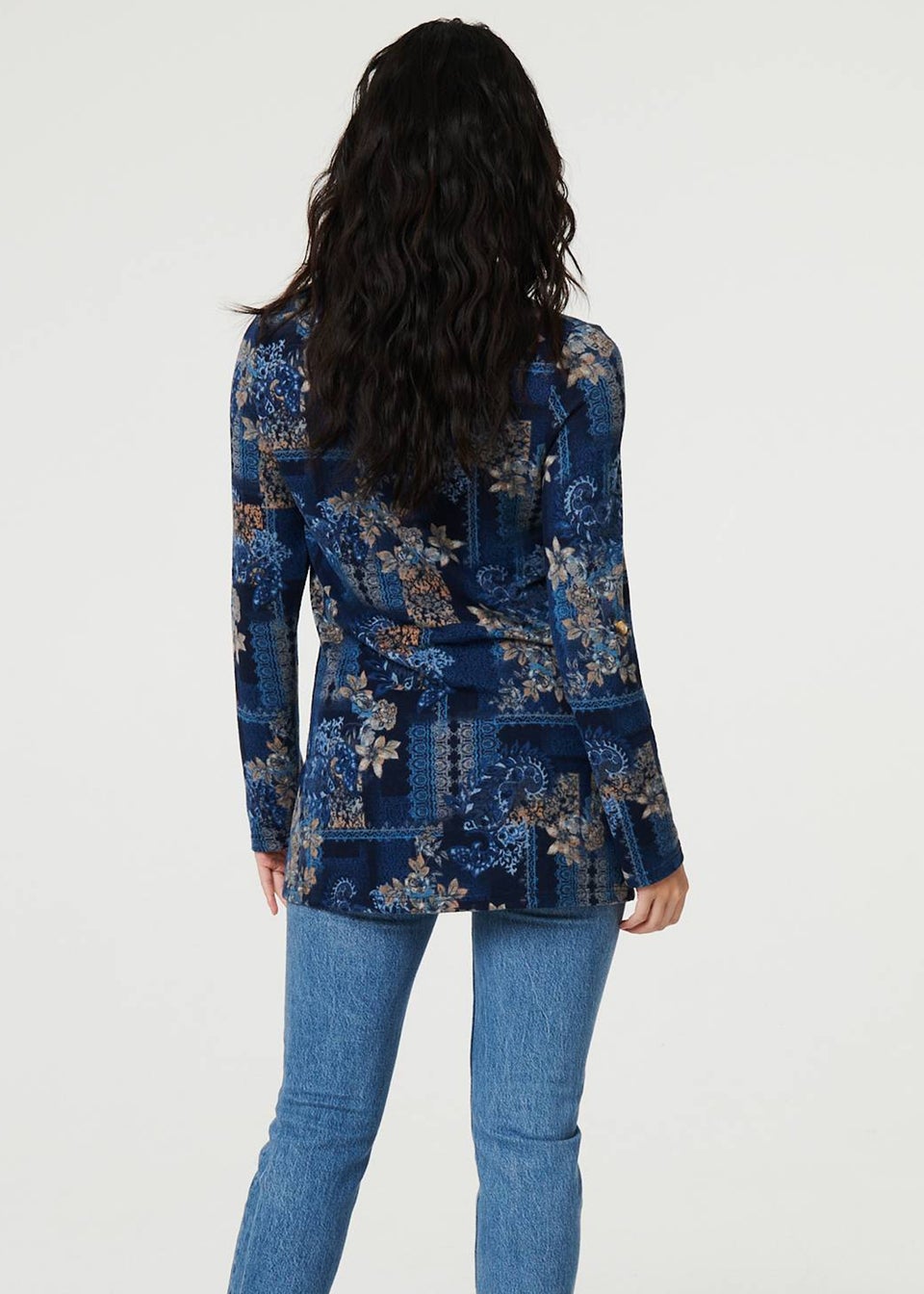 Izabel London Blue Printed Cowl Neck Long Sleeve Tunic Top