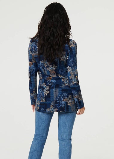 Izabel London Blue Printed Cowl Neck Long Sleeve Tunic Top