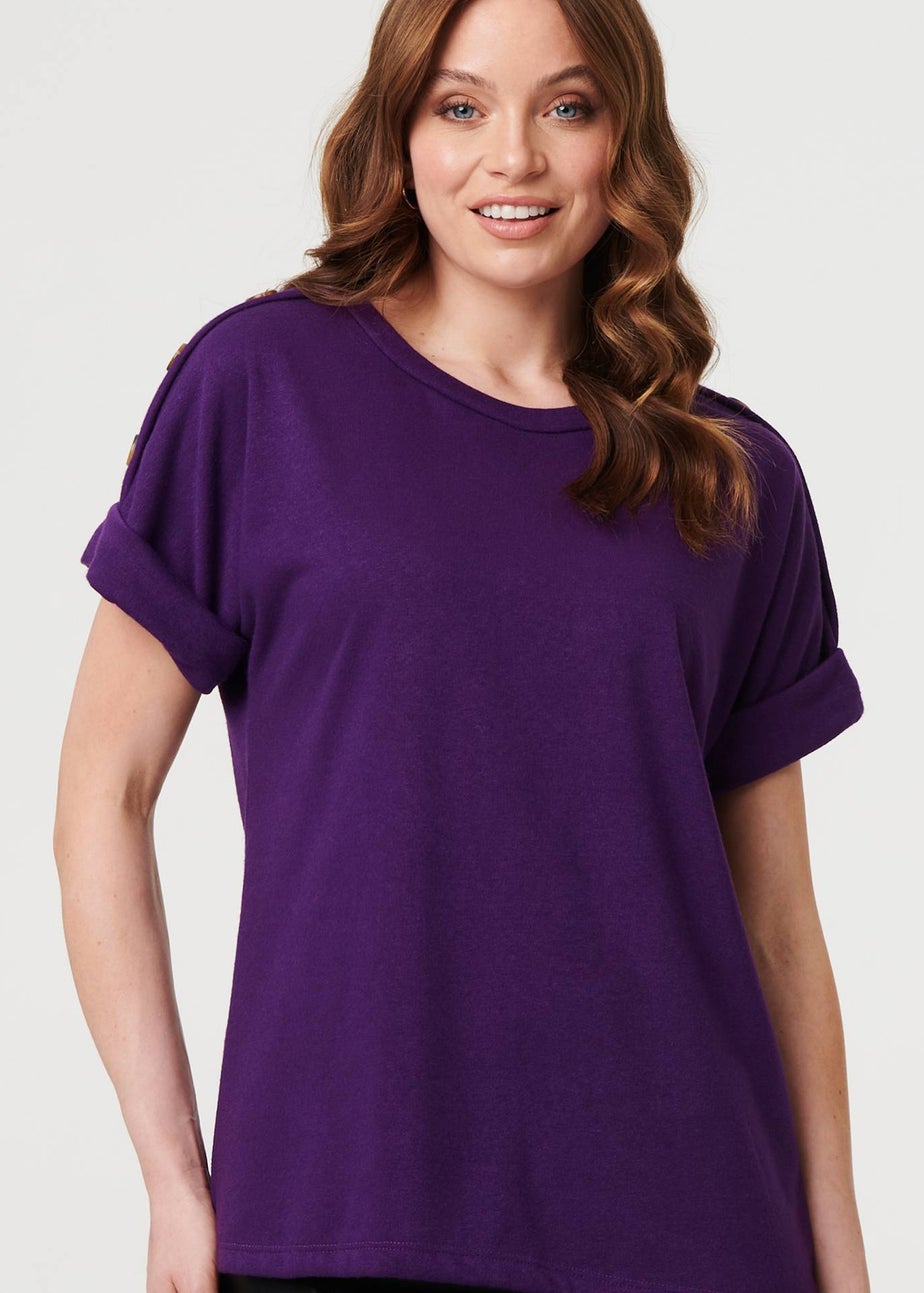 Izabel London Purple Button Trim Short Sleeve Relaxed Top