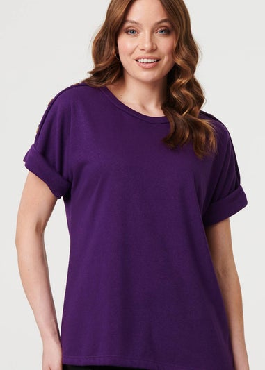 Izabel London Purple Button Trim Short Sleeve Relaxed Top