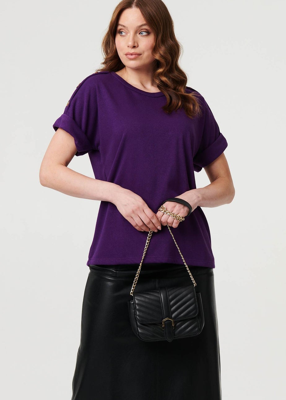 Izabel London Purple Button Trim Short Sleeve Relaxed Top