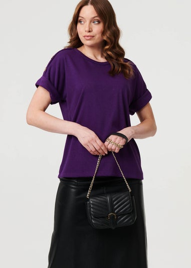 Izabel London Purple Button Trim Short Sleeve Relaxed Top