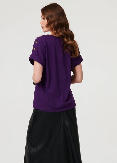 Izabel London Purple Button Trim Short Sleeve Relaxed Top